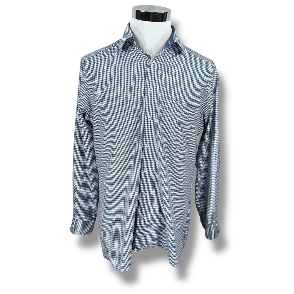 Olymp Luxor Dress Shirt Men’s 16.5 42 Blue White Houndstooth Cotton‎ Modern Fit